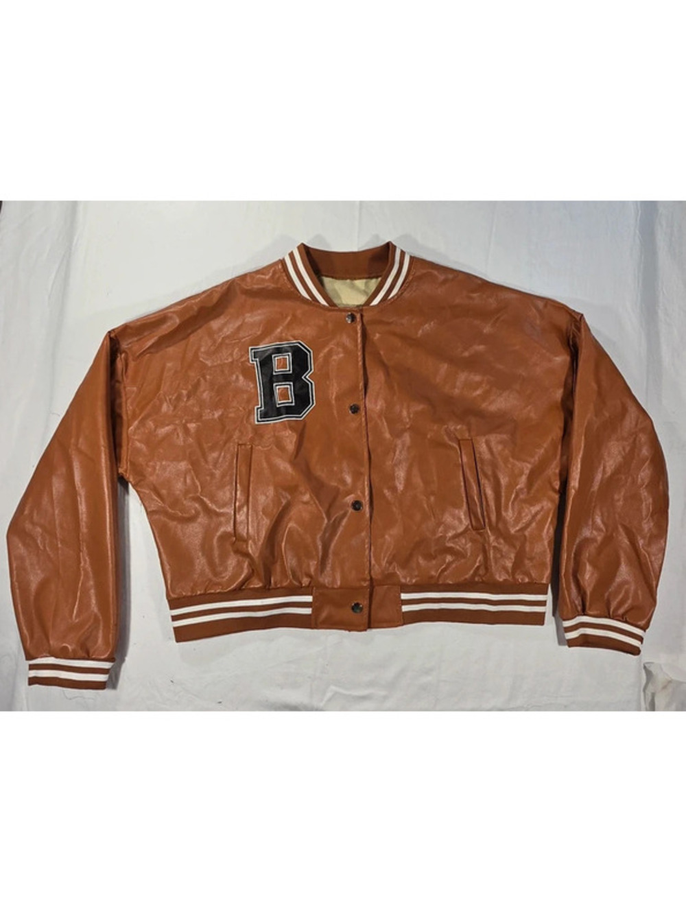 Brown Lightweight Faux Leather Varsity Letterman Jacket - Size 4XL